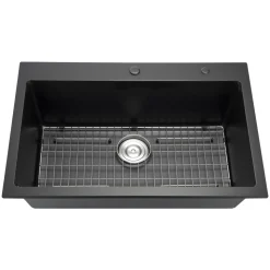 VEVOR 33 inch Kitchen Sink Workstation, Top Mount Granite Sinks, Drop-In Single Bowl Farmhouse Basin with Multiple Accessories, Household Dishwasher Sinks for RV, Prep Kitchen, and Bar (Black)