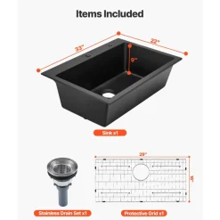 VEVOR 33 inch Kitchen Sink Workstation, Top Mount Granite Sinks, Drop-In Single Bowl Farmhouse Basin with Multiple Accessories, Household Dishwasher Sinks for RV, Prep Kitchen, and Bar (Black)