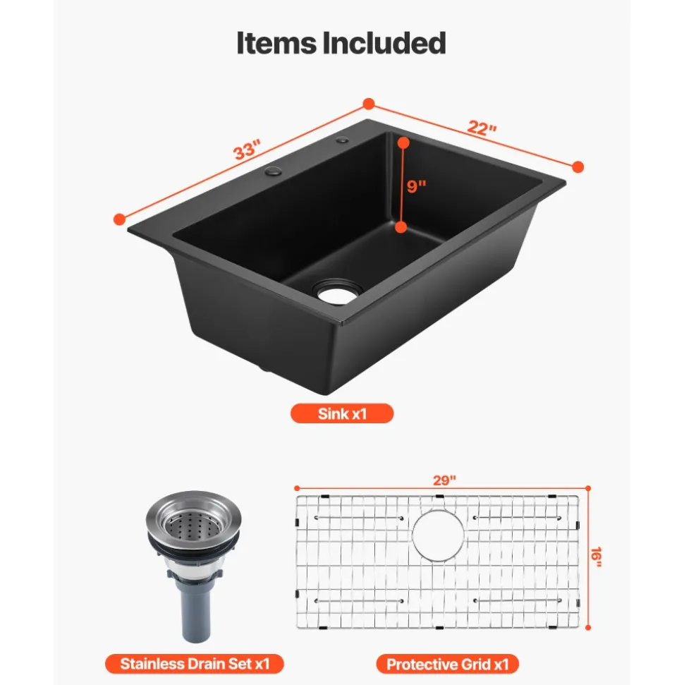 VEVOR 33 inch Kitchen Sink Workstation, Top Mount Granite Sinks, Drop-In Single Bowl Farmhouse Basin with Multiple Accessories, Household Dishwasher Sinks for RV, Prep Kitchen, and Bar (Black)