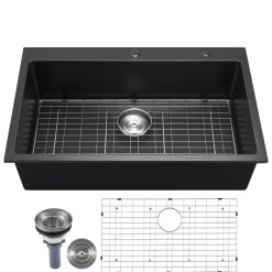 VEVOR 33 inch Kitchen Sink Workstation, Top Mount Granite Sinks, Drop-In Single Bowl Farmhouse Basin with Multiple Accessories, Household Dishwasher Sinks for RV, Prep Kitchen, and Bar (Black)