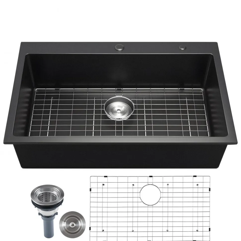 VEVOR 33 inch Kitchen Sink Workstation, Top Mount Granite Sinks, Drop-In Single Bowl Farmhouse Basin with Multiple Accessories, Household Dishwasher Sinks for RV, Prep Kitchen, and Bar (Black)