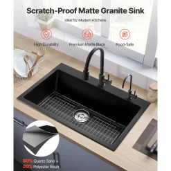 VEVOR 33 inch Kitchen Sink Workstation, Top Mount Granite Sinks, Drop-In Single Bowl Farmhouse Basin with Multiple Accessories, Household Dishwasher Sinks for RV, Prep Kitchen, and Bar (Black)