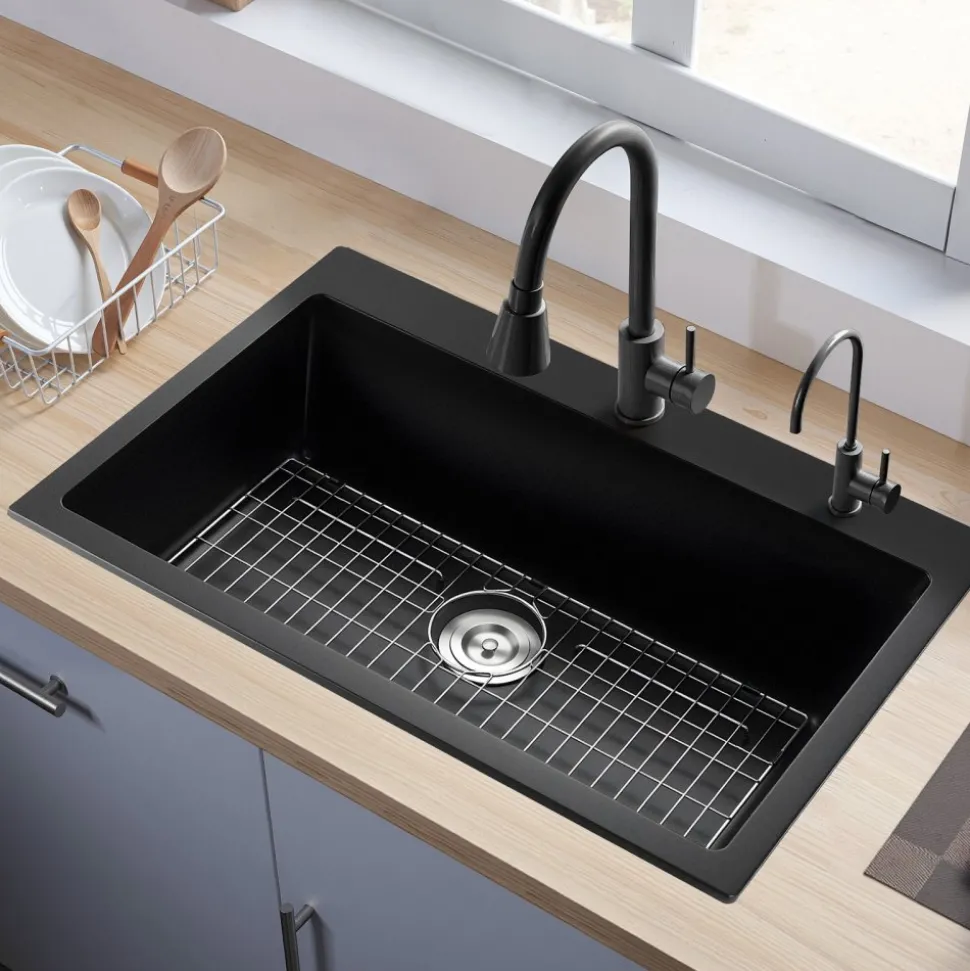 VEVOR 33 inch Kitchen Sink Workstation, Top Mount Granite Sinks, Drop-In Single Bowl Farmhouse Basin with Multiple Accessories, Household Dishwasher Sinks for RV, Prep Kitchen, and Bar (Black)