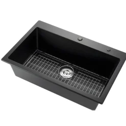 VEVOR 33 inch Kitchen Sink Workstation, Top Mount Granite Sinks, Drop-In Single Bowl Farmhouse Basin with Multiple Accessories, Household Dishwasher Sinks for RV, Prep Kitchen, and Bar (Black)