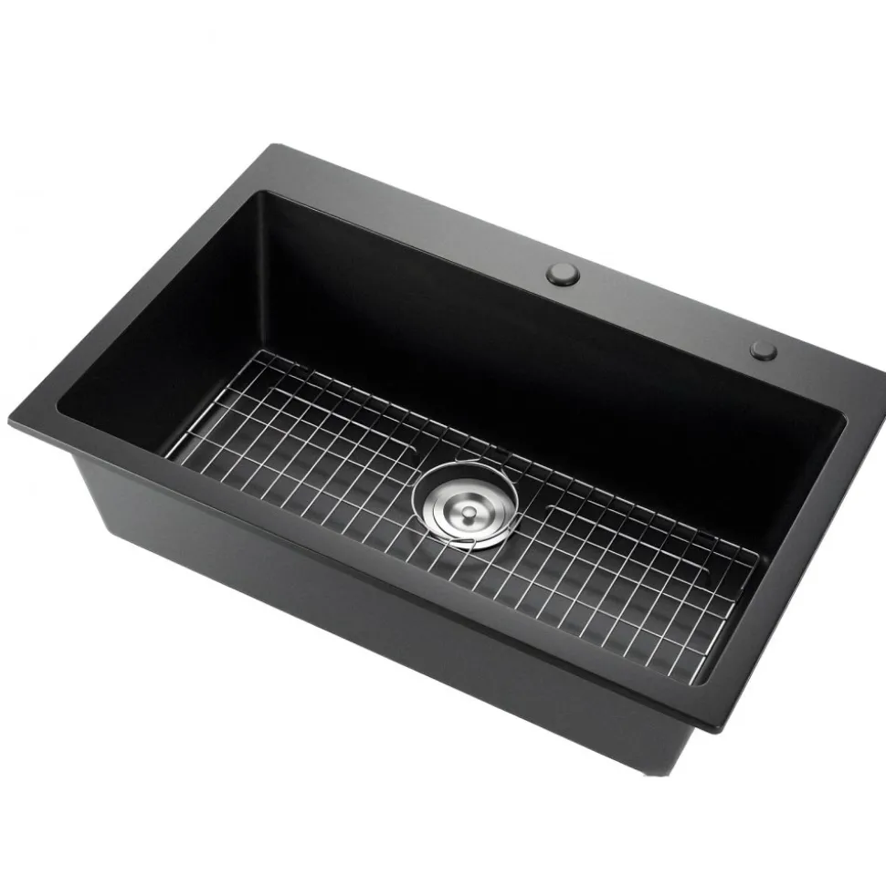 VEVOR 33 inch Kitchen Sink Workstation, Top Mount Granite Sinks, Drop-In Single Bowl Farmhouse Basin with Multiple Accessories, Household Dishwasher Sinks for RV, Prep Kitchen, and Bar (Black)