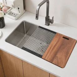 VEVOR 33-inch Kitchen Undermount Single Bowl Sinks, Stainless Steel Drop-In Farmhouse Basin with Ledge & Accessories, Household Dishwasher Sinks for RV, Prep Kitchen, Laundry Room, Bar