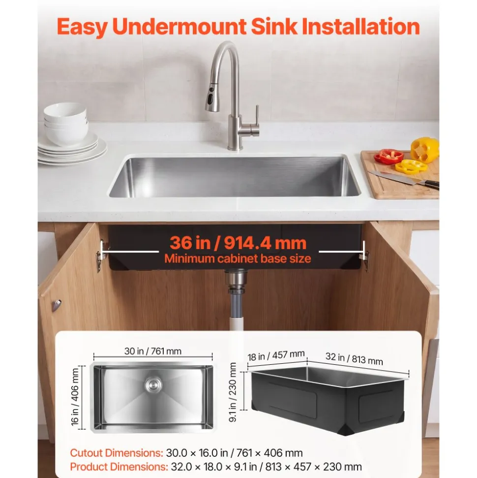 VEVOR 32-inch Kitchen Undermount Single Bowl Sinks, Stainless Steel Drop-In Farmhouse Basin with Accessories, Household Dishwasher Sinks for RV, Prep Kitchen, Laundry Room, Bar
