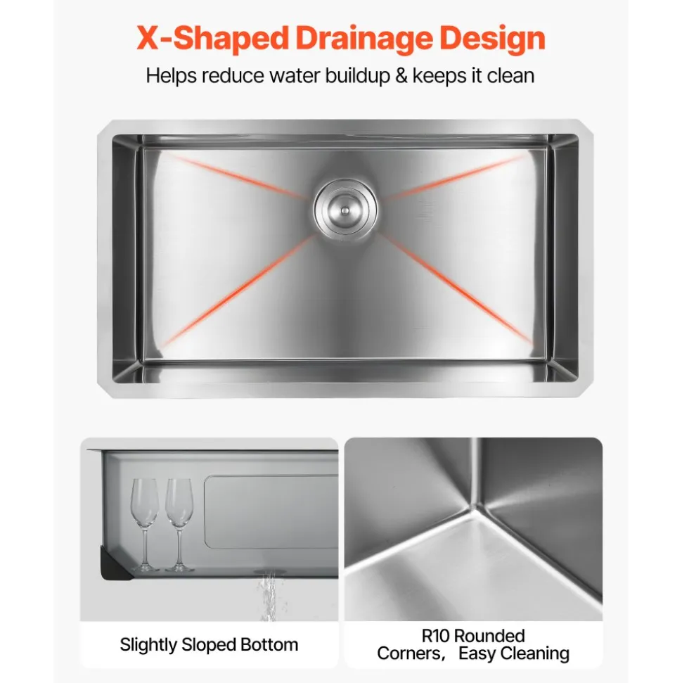 VEVOR 32-inch Kitchen Undermount Single Bowl Sinks, Stainless Steel Drop-In Farmhouse Basin with Accessories, Household Dishwasher Sinks for RV, Prep Kitchen, Laundry Room, Bar