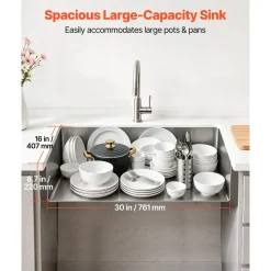 VEVOR 32-inch Kitchen Undermount Single Bowl Sinks, Stainless Steel Drop-In Farmhouse Basin with Accessories, Household Dishwasher Sinks for RV, Prep Kitchen, Laundry Room, Bar