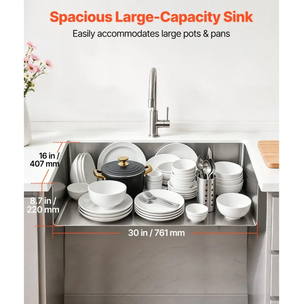 VEVOR 32-inch Kitchen Undermount Single Bowl Sinks, Stainless Steel Drop-In Farmhouse Basin with Accessories, Household Dishwasher Sinks for RV, Prep Kitchen, Laundry Room, Bar