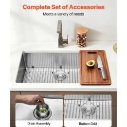 VEVOR 32-inch Kitchen Undermount Single Bowl Sinks, Stainless Steel Drop-In Farmhouse Basin with Accessories, Household Dishwasher Sinks for RV, Prep Kitchen, Laundry Room, Bar