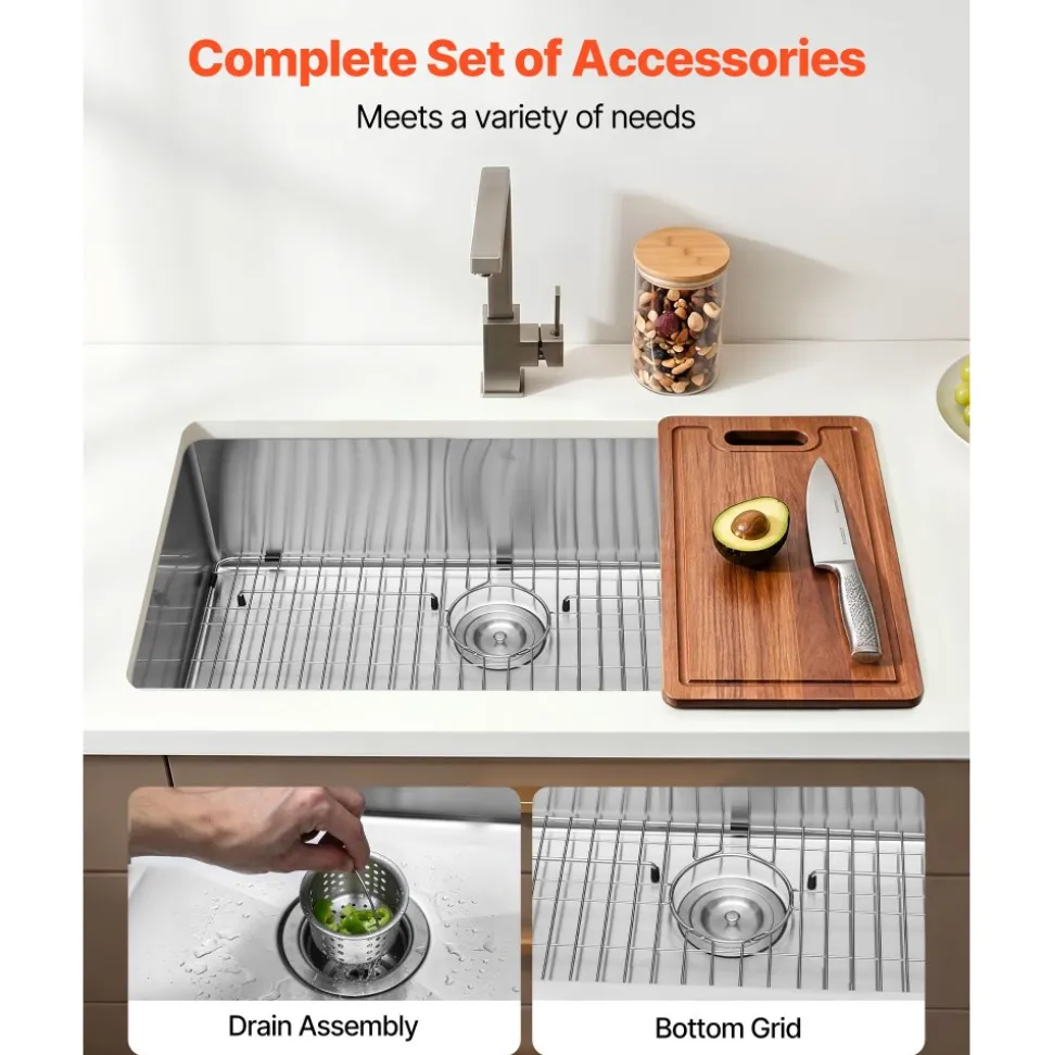 VEVOR 32-inch Kitchen Undermount Single Bowl Sinks, Stainless Steel Drop-In Farmhouse Basin with Accessories, Household Dishwasher Sinks for RV, Prep Kitchen, Laundry Room, Bar