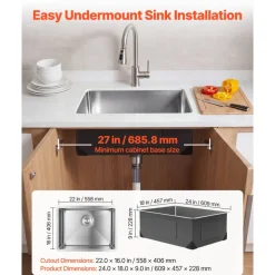 VEVOR 24-inch Kitchen Undermount Single Bowl Sinks, Stainless Steel Drop-In Farmhouse Basin with Accessories, Household Dishwasher Sinks for RV, Prep Kitchen, Laundry Room, Bar