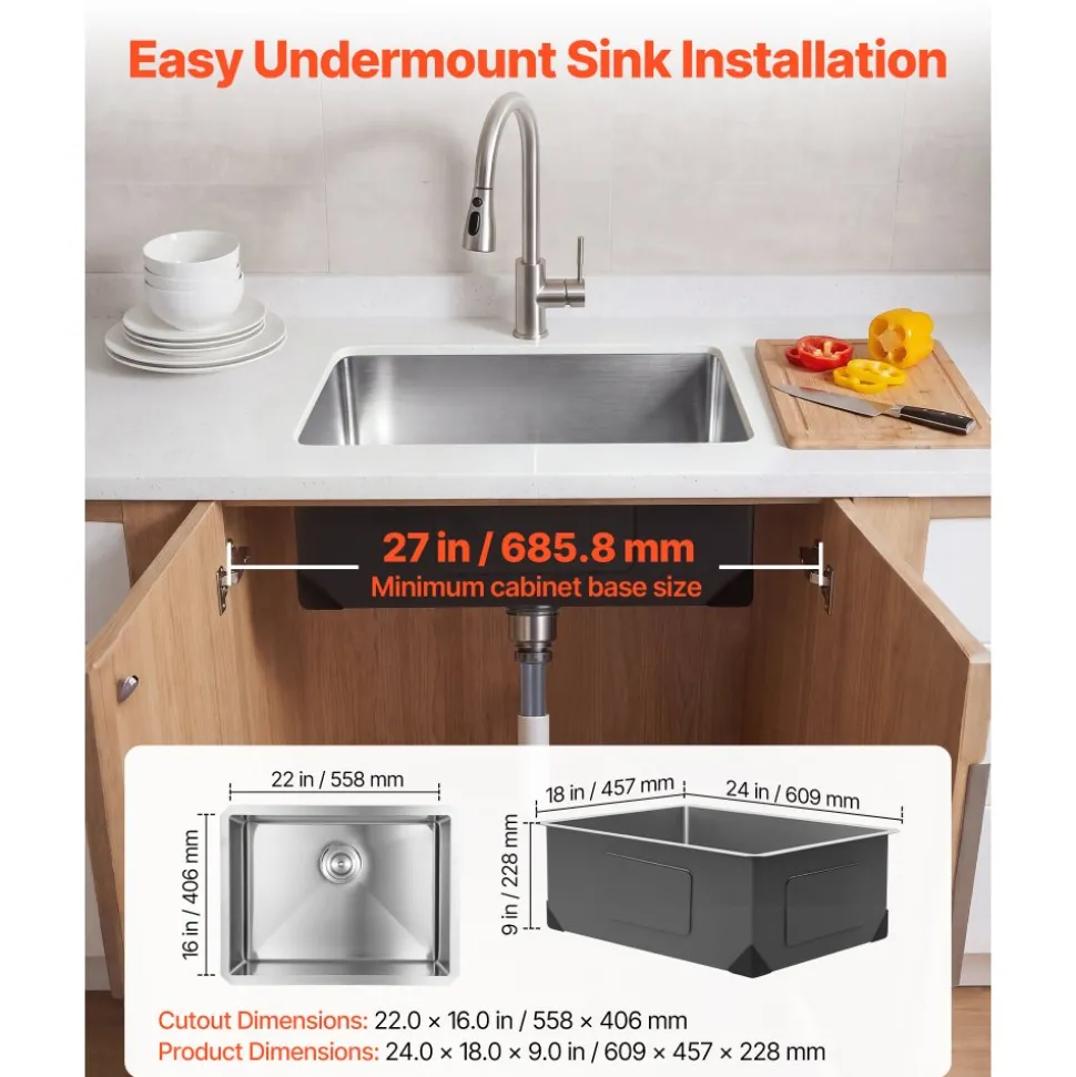 VEVOR 30-inch Kitchen Undermount Single Bowl Sinks, Stainless Steel Drop-In Farmhouse Basin with Accessories, Household Dishwasher Sinks for RV, Prep Kitchen, Laundry Room, Bar
