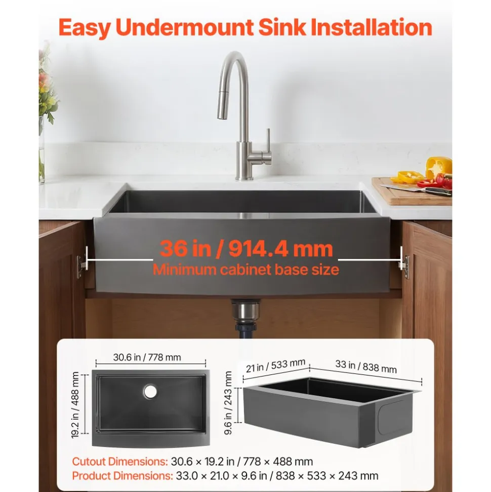 VEVOR 33-inch Kitchen Undermount Single Bowl Sinks, Stainless Steel Drop-In Farmhouse Basin with Ledge & Accessories, Household Dishwasher Sinks for RV, Prep Kitchen, Laundry Room, Bar