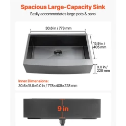 VEVOR 33-inch Kitchen Undermount Single Bowl Sinks, Stainless Steel Drop-In Farmhouse Basin with Ledge & Accessories, Household Dishwasher Sinks for RV, Prep Kitchen, Laundry Room, Bar