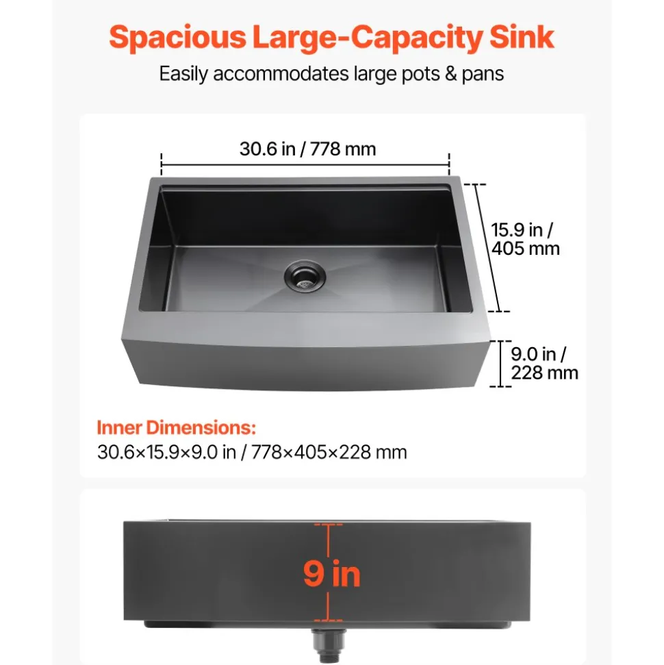 VEVOR 33-inch Kitchen Undermount Single Bowl Sinks, Stainless Steel Drop-In Farmhouse Basin with Ledge & Accessories, Household Dishwasher Sinks for RV, Prep Kitchen, Laundry Room, Bar