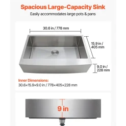 VEVOR 33-inch Kitchen Undermount Single Bowl Sinks, Stainless Steel Drop-In Farmhouse Basin with Accessories, Household Dishwasher Sinks for RV, Prep Kitchen, Laundry Room, Bar