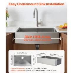 VEVOR 33-inch Kitchen Undermount Single Bowl Sinks, Stainless Steel Drop-In Farmhouse Basin with Accessories, Household Dishwasher Sinks for RV, Prep Kitchen, Laundry Room, Bar
