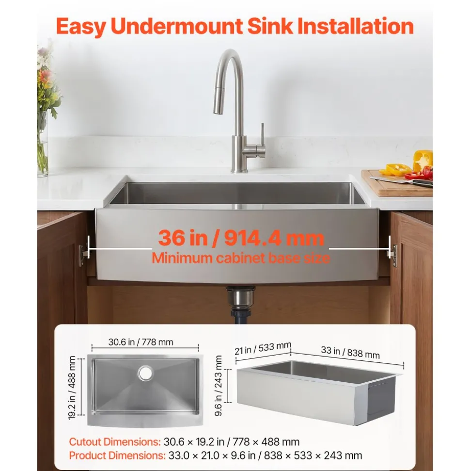 VEVOR 33-inch Kitchen Undermount Single Bowl Sinks, Stainless Steel Drop-In Farmhouse Basin with Accessories, Household Dishwasher Sinks for RV, Prep Kitchen, Laundry Room, Bar