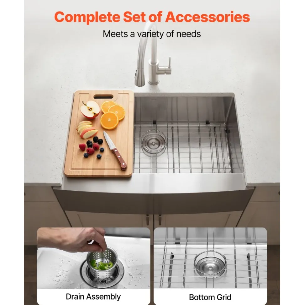 VEVOR 33-inch Kitchen Undermount Single Bowl Sinks, Stainless Steel Drop-In Farmhouse Basin with Accessories, Household Dishwasher Sinks for RV, Prep Kitchen, Laundry Room, Bar