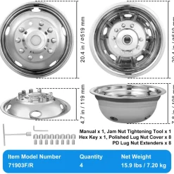 VEVOR 19.5-inch 10 Lug Wheel Simulators, 304 Stainless Steel Wheel Simulator Kit with Mirror Polished Finish, 2 Front and 2 Rear Wheel Covers Fit for For Ford F450/F550 (2005-2020), 4 pcs