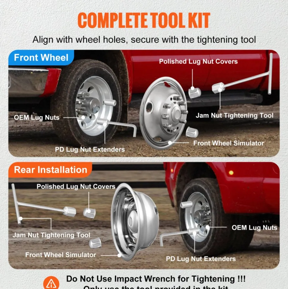 VEVOR 19.5-inch 10 Lug Wheel Simulators, 304 Stainless Steel Wheel Simulator Kit with Mirror Polished Finish, 2 Front and 2 Rear Wheel Covers Fit for For Ford F450/F550 (2005-2020), 4 pcs