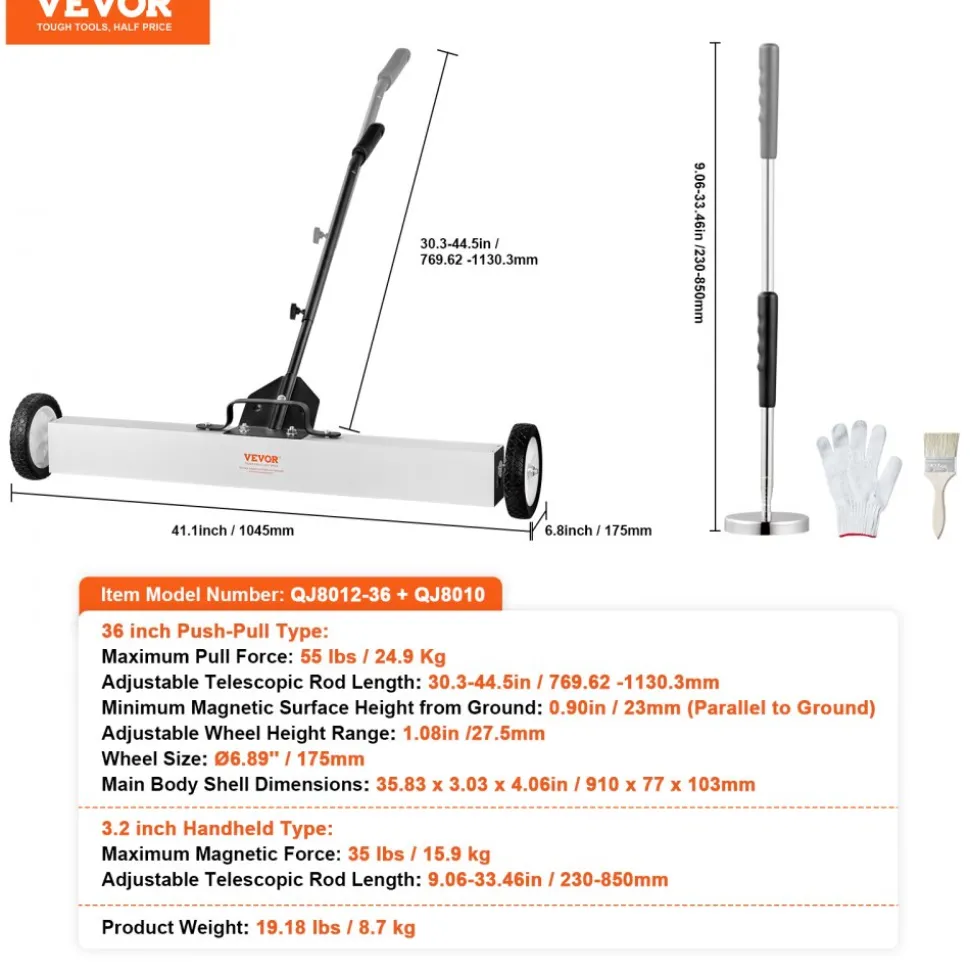 VEVOR 36-Inch Magnetic Sweeper with Wheels, 55 lbs Capacity, with Telescoping Magnetic Pickup Tool, Adjustable Handle, Magnetic Pickup Sweeper to Pick Up Nails and Screws, for Workshop, Garage, Yard