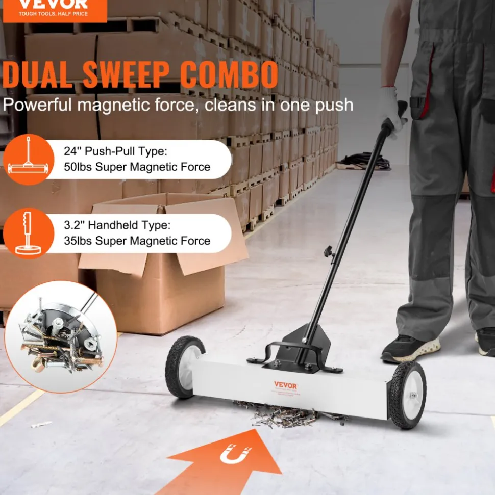 VEVOR 24-Inch Magnetic Sweeper with Wheels, 50 lbs Capacity, with Telescoping Magnetic Pickup Tool, Adjustable Handle, Magnetic Pickup Sweeper to Pick Up Nails and Screws, for Workshop, Garage, Yard
