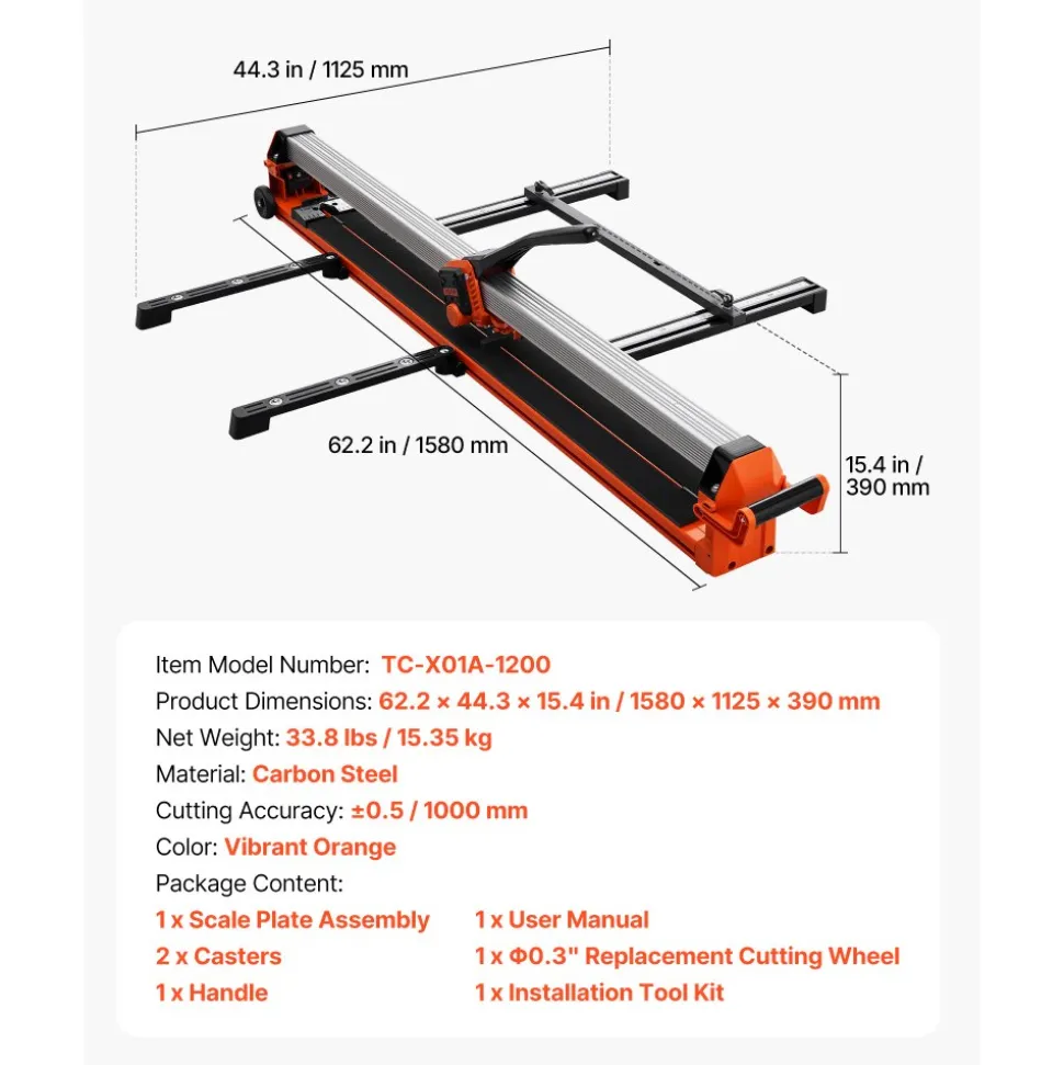 VEVOR 47.2-Inch Manual Tile Cutter, Upgraded Rail and Sliding Head, Precision Alignment Guide, Tungsten Carbide Cutting Wheel, Support Legs with Swivel Wheels, for DIY Pros, Ceramic, Floor, Wall Tiles