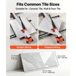 VEVOR 47.2-Inch Manual Tile Cutter, Upgraded Rail and Sliding Head, Precision Alignment Guide, Tungsten Carbide Cutting Wheel, Support Legs with Swivel Wheels, for DIY Pros, Ceramic, Floor, Wall Tiles