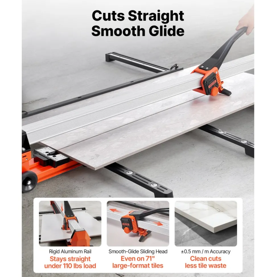 VEVOR 71-Inch Manual Tile Cutter, Upgraded Rail and Sliding Head, Precision Alignment Guide, Tungsten Carbide Cutting Wheel, Support Legs with Swivel Wheels, for DIY Pros, Ceramic, Floor, Wall Tiles