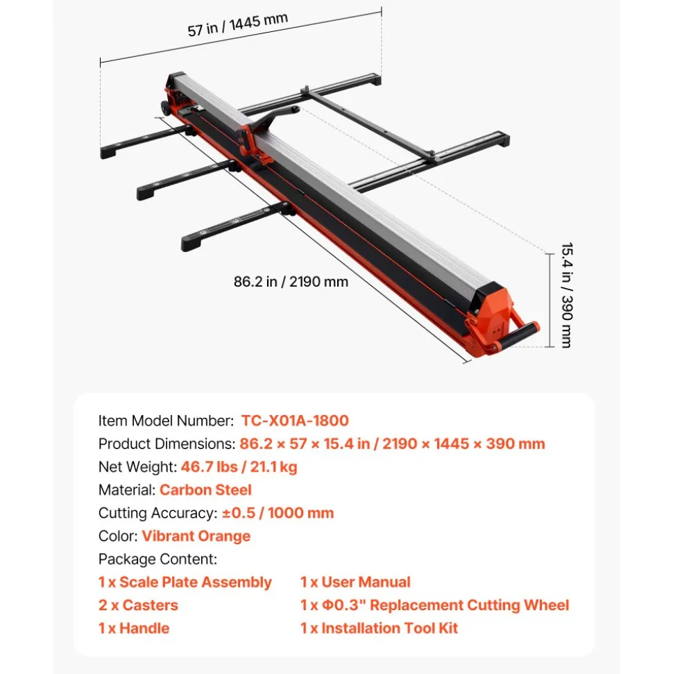 VEVOR 71-Inch Manual Tile Cutter, Upgraded Rail and Sliding Head, Precision Alignment Guide, Tungsten Carbide Cutting Wheel, Support Legs with Swivel Wheels, for DIY Pros, Ceramic, Floor, Wall Tiles