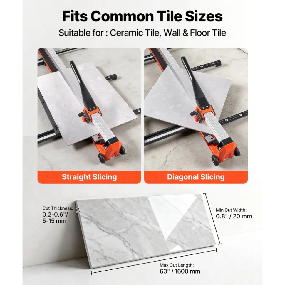 VEVOR 63-Inch Manual Tile Cutter, Upgraded Rail and Sliding Head, Precision Alignment Guide, Tungsten Carbide Cutting Wheel, Support Legs with Swivel Wheels, for DIY Pros, Ceramic, Floor, Wall Tiles
