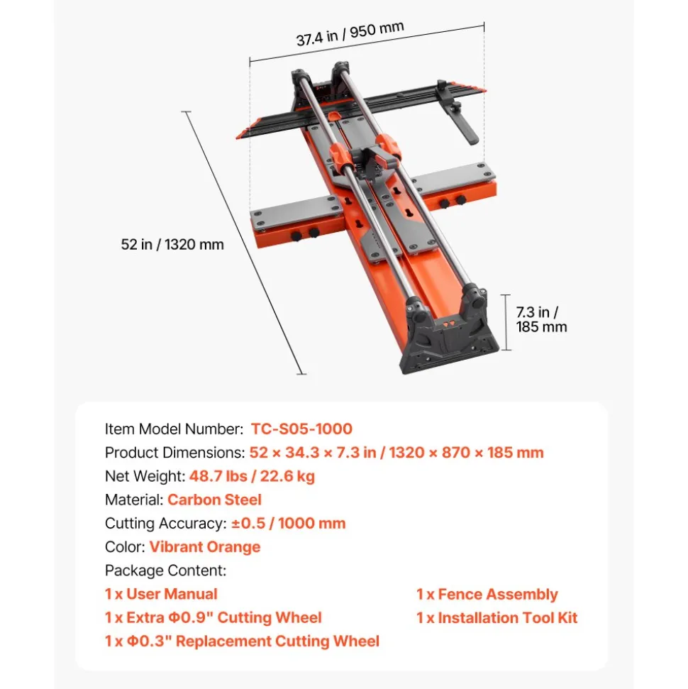 VEVOR 39.4-Inch Manual Tile Cutter, Upgraded Sliding Head Cutting Tool with Spring-Loaded Base, Angle Fence, Tungsten Carbide Cutting Wheel, Alignment Guide, for DIY Pros, Ceramic, Floor, Wall Tiles