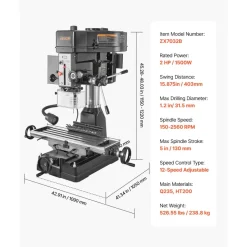 VEVOR 15.875-Inch Mill Drill Machine, 2 HP, Benchtop Milling Drill Press, 150-2560 RPM Adjustable Speed, with Rotating Vise, Laser and Work Light, Milling Drilling Machine, for Woodworking Light Metal
