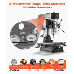 VEVOR 15.875-Inch Mill Drill Machine, 2 HP, Benchtop Milling Drill Press, 150-2560 RPM Adjustable Speed, with Rotating Vise, Laser and Work Light, Milling Drilling Machine, for Woodworking Light Metal