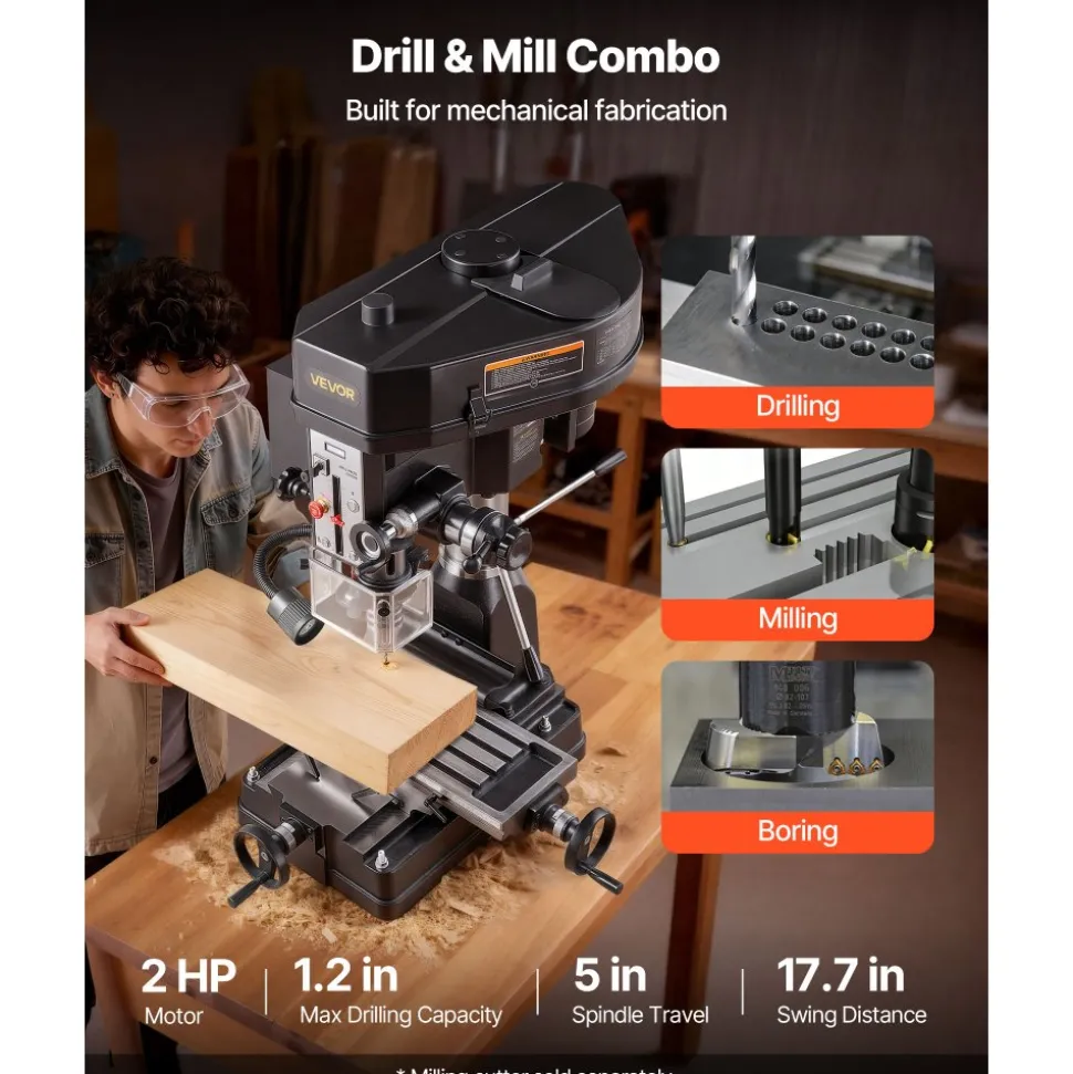 VEVOR 15.875-Inch Mill Drill Machine, 2 HP, Benchtop Milling Drill Press, 150-2560 RPM Adjustable Speed, with Rotating Vise, Laser and Work Light, Milling Drilling Machine, for Woodworking Light Metal