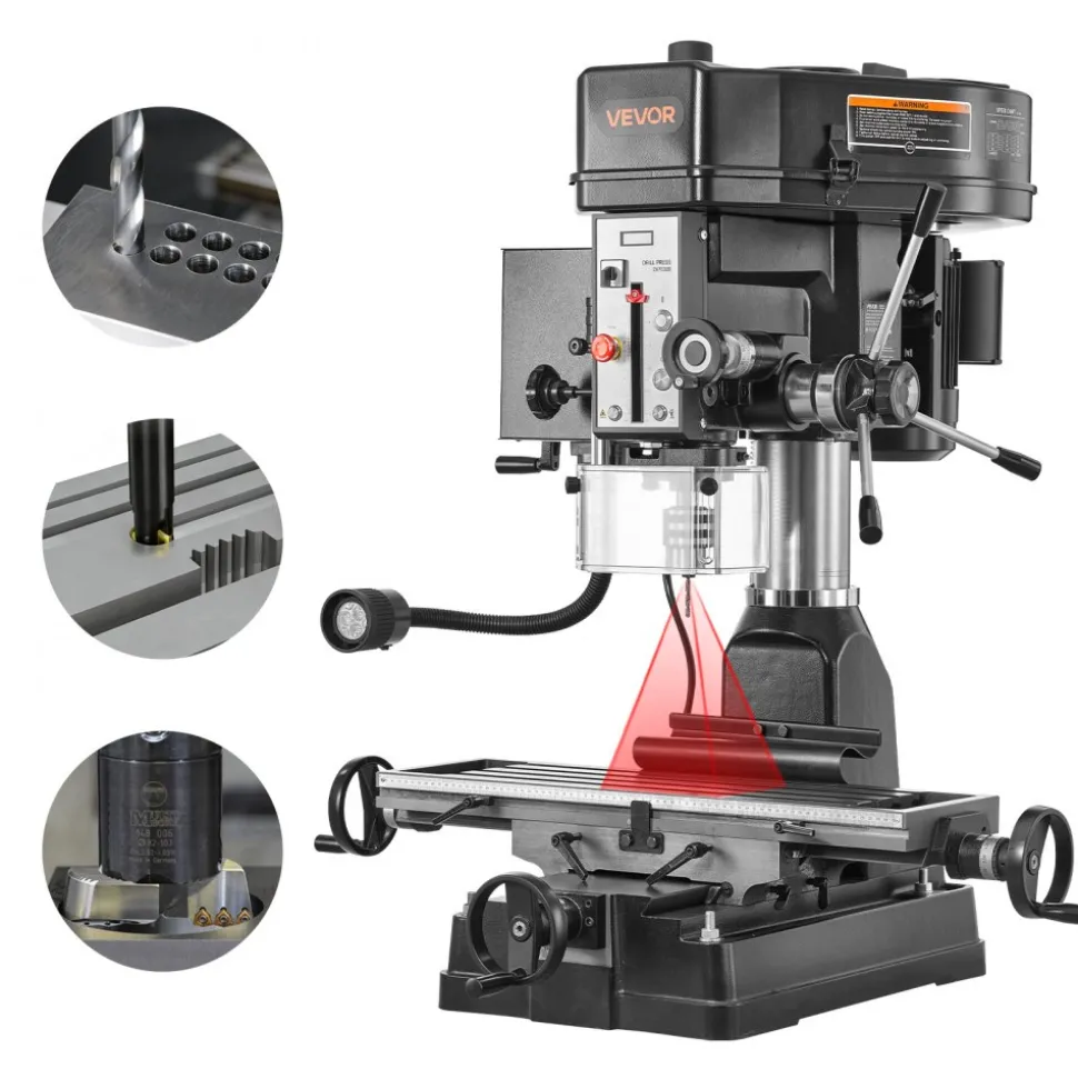 VEVOR 15.875-Inch Mill Drill Machine, 2 HP, Benchtop Milling Drill Press, 150-2560 RPM Adjustable Speed, with Rotating Vise, Laser and Work Light, Milling Drilling Machine, for Woodworking Light Metal