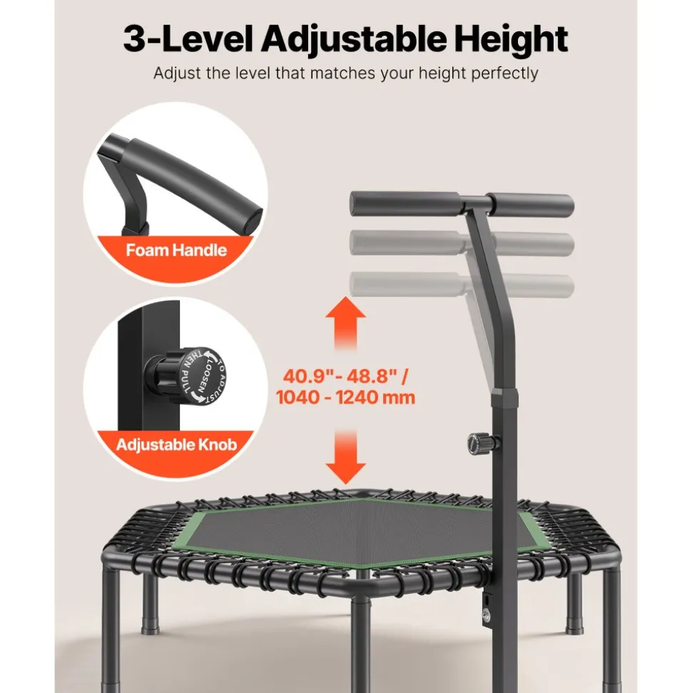 VEVOR 54.5 Inch Mini Trampoline, 450 lbs Max Load Fitness Rebounder, Stable & Quiet Small Trampoline with 3 Levels Height Adjustable & Foam Handle, Exercise Rebounder for Adults Indoor/Garden Workout