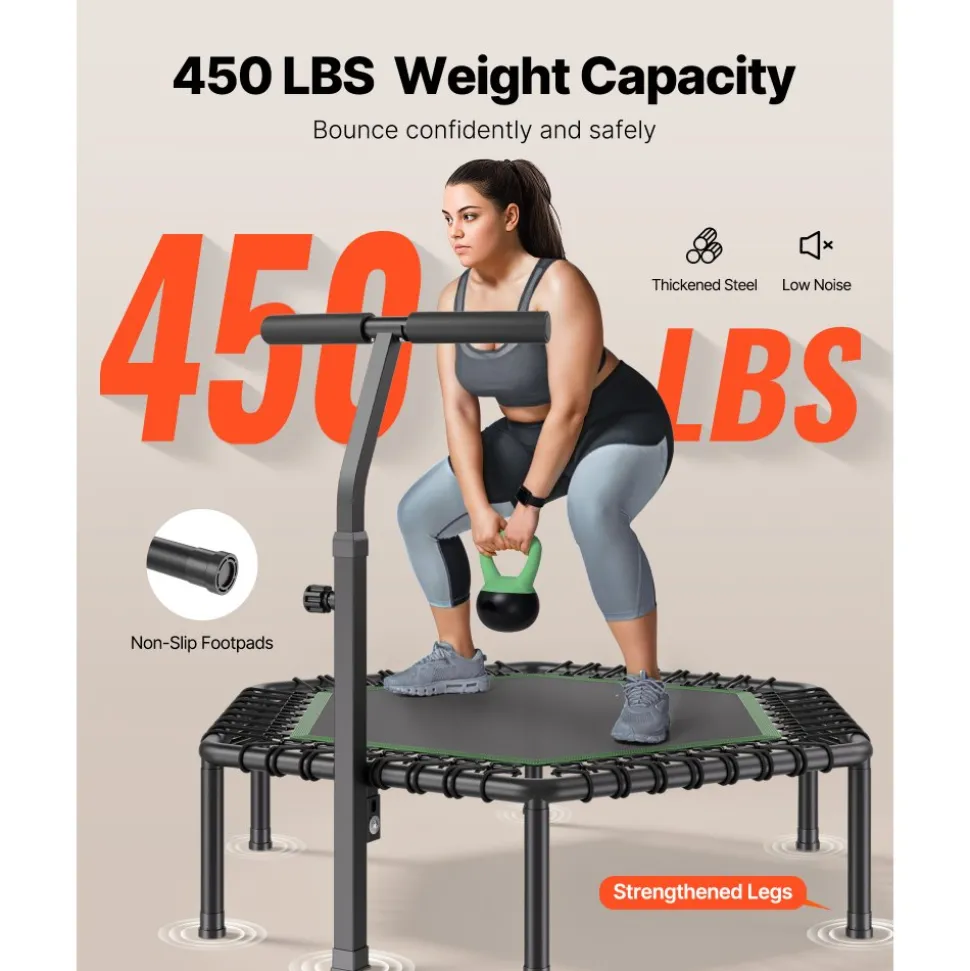 VEVOR 54.5 Inch Mini Trampoline, 450 lbs Max Load Fitness Rebounder, Stable & Quiet Small Trampoline with 3 Levels Height Adjustable & Foam Handle, Exercise Rebounder for Adults Indoor/Garden Workout