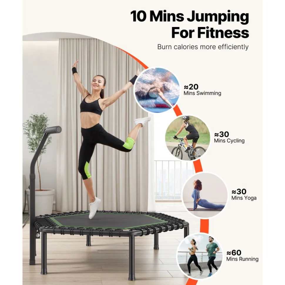 VEVOR 54.5 Inch Mini Trampoline, 450 lbs Max Load Fitness Rebounder, Stable & Quiet Small Trampoline with 3 Levels Height Adjustable & Foam Handle, Exercise Rebounder for Adults Indoor/Garden Workout