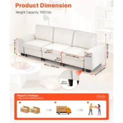VEVOR 100-Inch Modular 3-Seater Sofa – Comfy Couch with Deep Seats & Hidden Storage, Modern Design for Living Room, Apartment, or Office, White