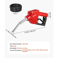 VEVOR 3/4-Inch NPT Automatic Fuel Nozzle, Max Flow Rate 11.8 GPM, Auto Shut Off Diesel Gas Pump Nozzle with 3-Speed Trigger Lock & 13/16-Inch (OD=20 mm) Spout for Gasoline, Diesel, Kerosene, Red