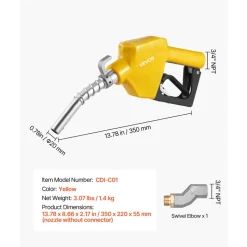 VEVOR 1 Inch NPT Automatic Fuel Nozzle, Max Flow Rate 21.6 GPM, Auto Shut Off Diesel Gas Pump Nozzle with 3-Speed Trigger Lock & 1-3/16 in (OD=30.1 mm) Spout for Gasoline, Diesel, Kerosene, Green