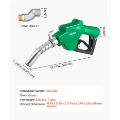VEVOR 1 Inch NPT Automatic Fuel Nozzle with Swivel, Max Flow Rate 21.6 GPM, Auto Shut Off Diesel Gas Pump Nozzle with 3-Speed Trigger Lock & 1-3/16 in (OD=30.1 mm) Spout for Gasoline, Diesel, Kerosene