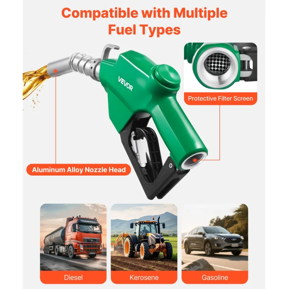 VEVOR 1 Inch NPT Automatic Fuel Nozzle with Swivel, Max Flow Rate 21.6 GPM, Auto Shut Off Diesel Gas Pump Nozzle with 3-Speed Trigger Lock & 1-3/16 in (OD=30.1 mm) Spout for Gasoline, Diesel, Kerosene