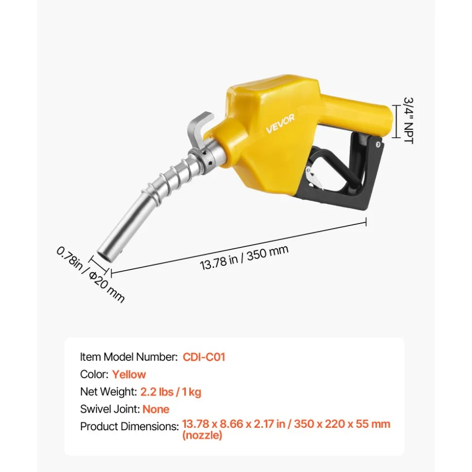 VEVOR 3/4-Inch NPT Automatic Fuel Nozzle, Max Flow Rate 11.8 GPM, Auto Shut Off Diesel Gas Pump Nozzle with 3-Speed Trigger Lock & 0.78 in (OD=20 mm) Spout for Gasoline, Diesel, Kerosene, Yellow