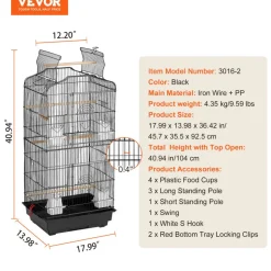 VEVOR 41-inch Open Top Large Parrot Bird Cage, Hanging Bird Cage for Parakeets Finches Canaries Lovebirds Cockatiels Budgies Small Quaker Conures Travel Pet Flight Birdcage with Swing and Perch