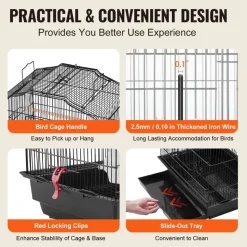 VEVOR 41-inch Open Top Large Parrot Bird Cage, Hanging Bird Cage for Parakeets Finches Canaries Lovebirds Cockatiels Budgies Small Quaker Conures Travel Pet Flight Birdcage with Swing and Perch
